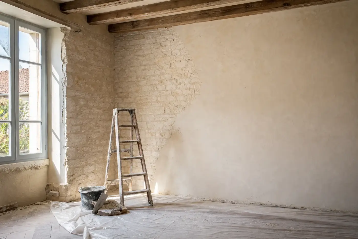 Pièce d'une maison dijonnaise en cours de rénovation, mur de pierre calcaire et lumière naturelle
