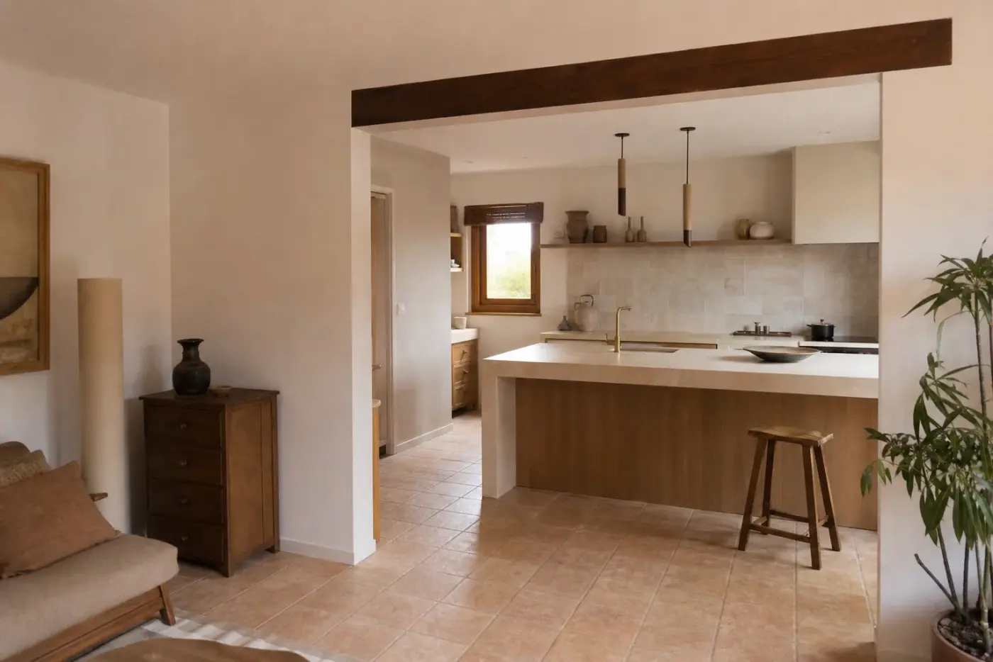 Cuisine ouverte sur le séjour après rénovation d’un logement à Quetigny