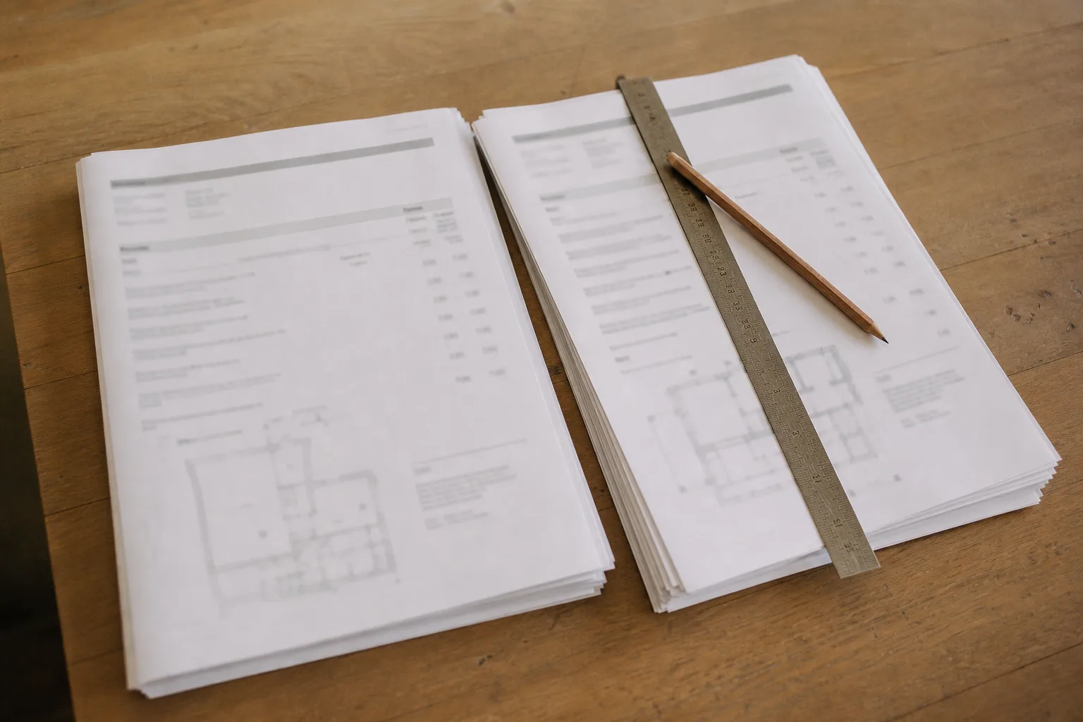 Deux devis de travaux posés côte à côte sur un plan de travail