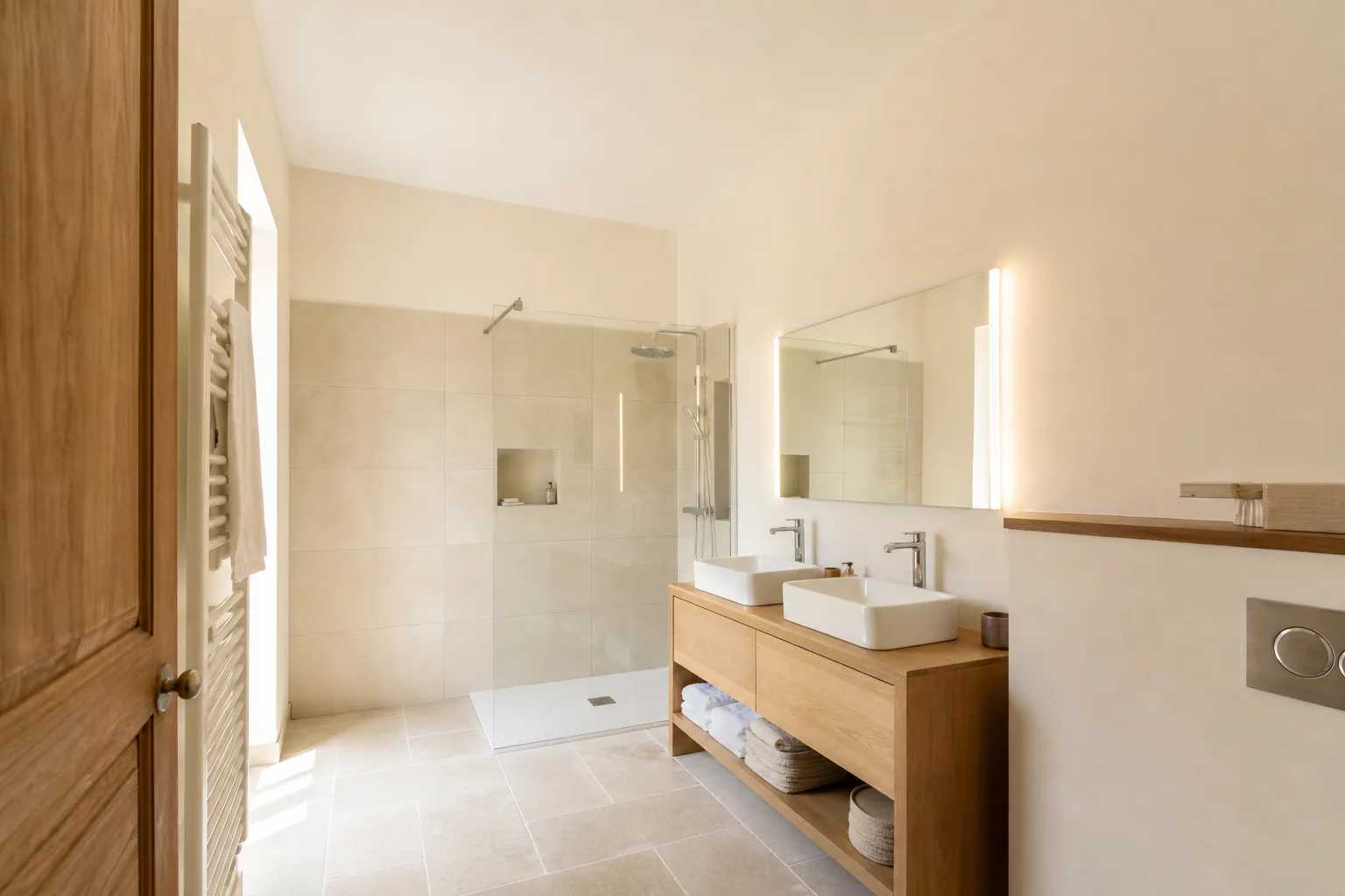 Salle de bain rénovée avec douche de plain-pied et meuble vasque en bois clair